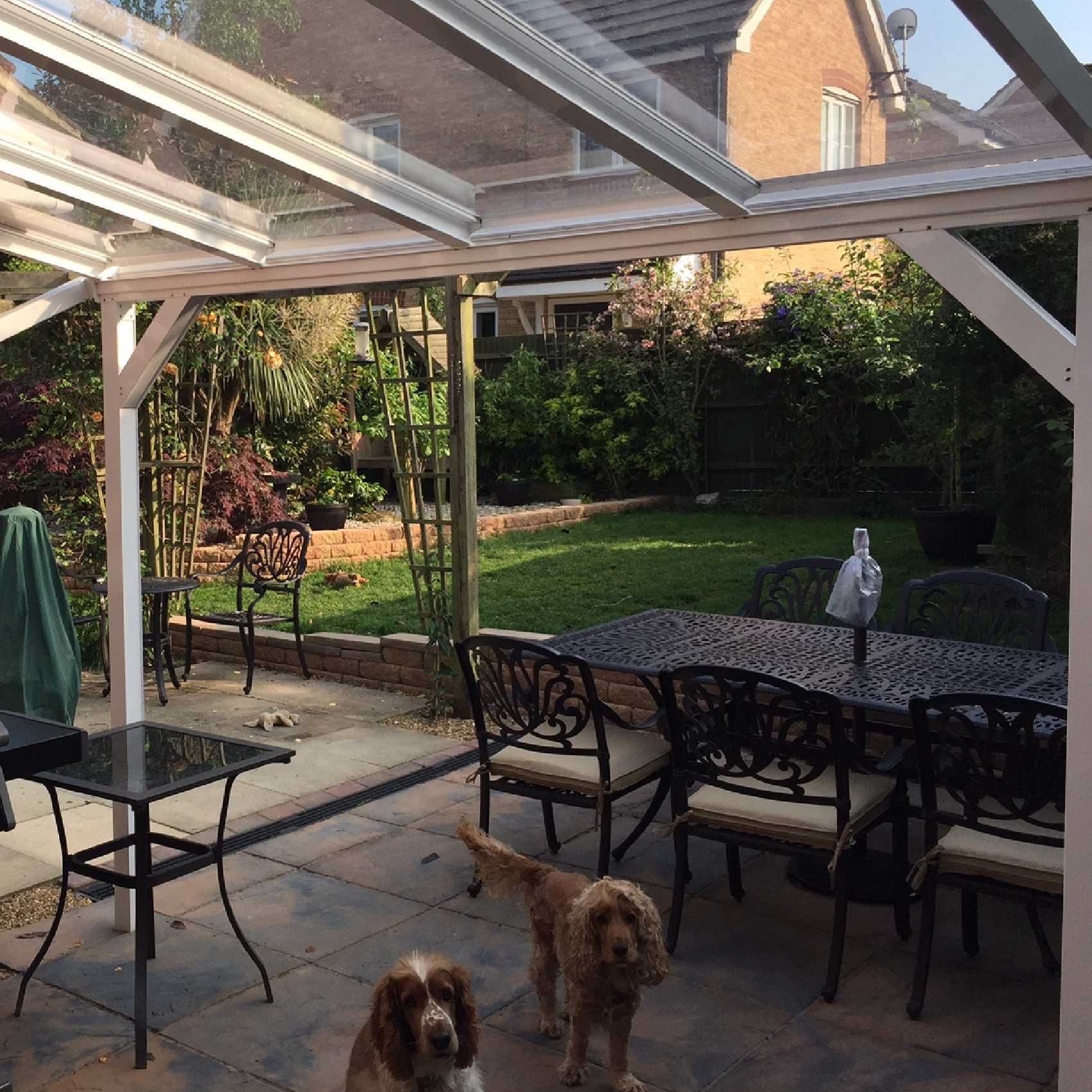 Affordable Omega Smart Lean-To Canopy, White with 6mm Glass Clear Plate Polycarbonate Glazing - 8.4m (W) x 2.0m (P), (4) Supporting Posts