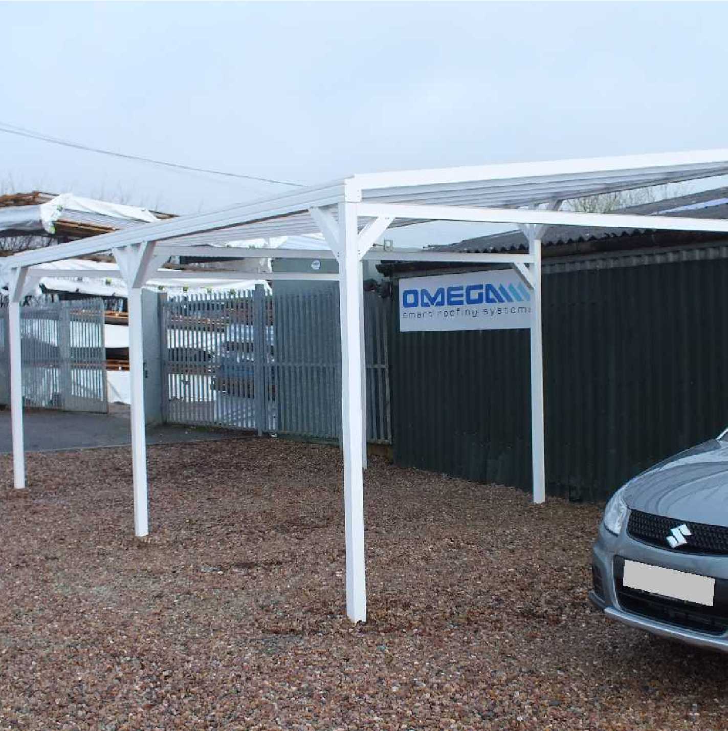 Omega Smart Free-Standing, White MonoPitch Roof Canopy with 16mm Polycarbonate Glazing - 3.1m (W) x 2.0m (P), (4) Supporting Posts