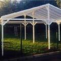 Omega Smart Free-Standing, White Gable-Roof (type 2) Canopy with 16mm Polycarbonate Glazing - 7.0m (W) x 6.2m (P), (9) Supporting Posts