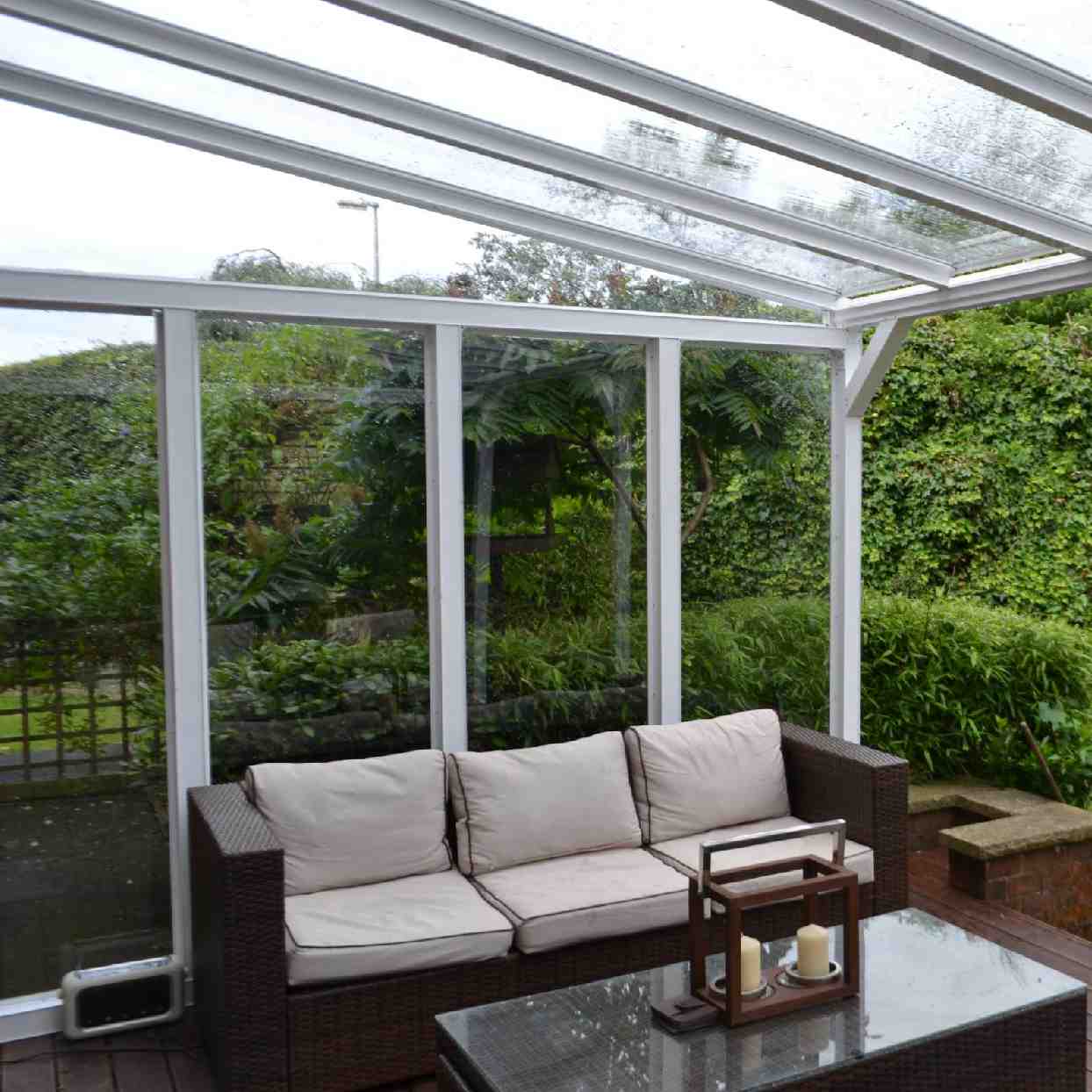 Buy Omega Verandah White with 6mm Glass Clear Plate Polycarbonate Glazing - 7.7m (W) x 2.0m (P), (4) Supporting Posts online today