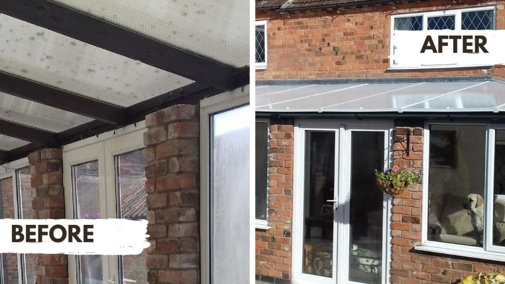 Before and after pictures of a rafter supported conservatory Roof