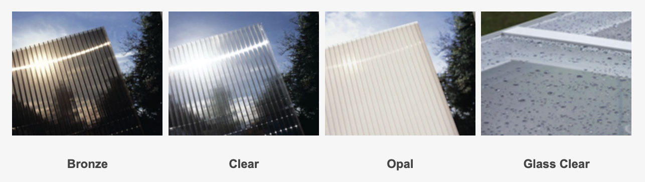 examples of polycarbonate panel colours - bronze, clear, opal and glass clear