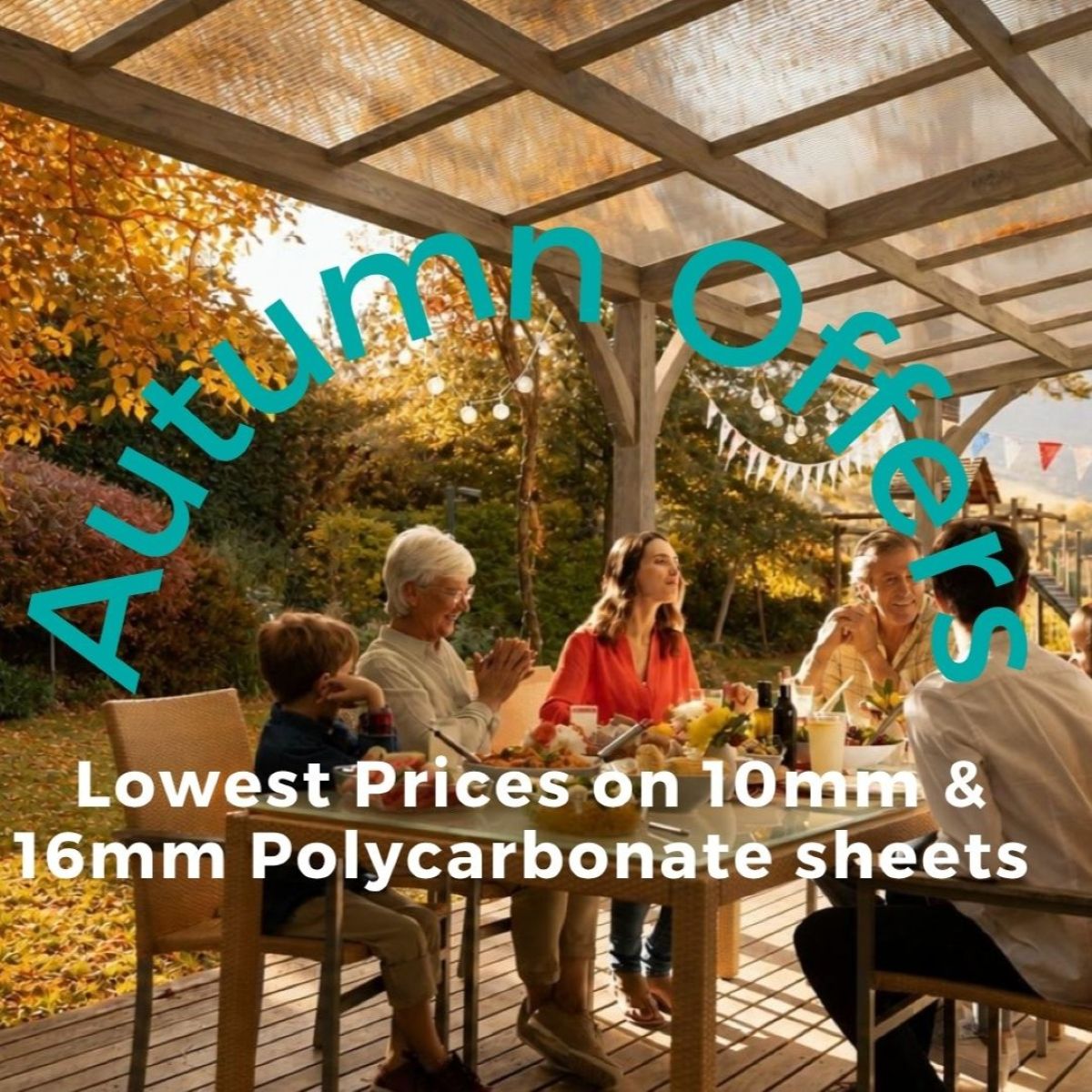Family under a polycarbonate pergola with autumn offers